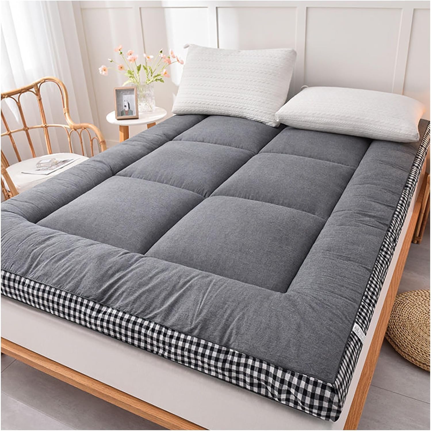 Karierte japanische Futon-Matratze, extra flauschige Bodenbettauflage, faltbare Tatami-Isomatte, weich, atmungsaktiv, aufrollbar, tragbare Matratzenauflage für Wohnzimmer, Schlafsaal, Gäste, Camping