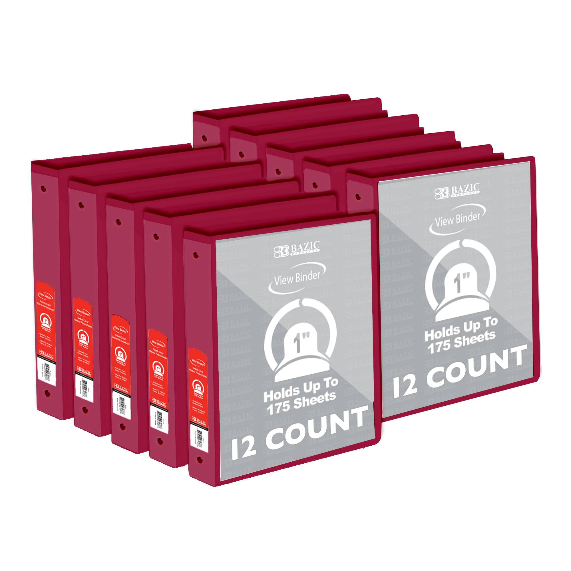 BAZIC - Raccoglitore a 3 anelli, 2,5 cm, con vista economica, colore bordeaux, anello rotondo, contiene 175 fogli di carta, per scuola, ufficio, casa, 12 pezzi