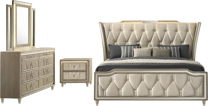 Coaster Home Furnishings - Lorient - Wood - 4-Piece Bedroom Set with LED Wingback Bed, USB Port, Traditional Style and Tufted Crown Details - Bedroom - Queen Size - Ivory and Camel - 222661Q-S4