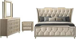 Coaster Home Furnishings - Lorient - Wood and Velvet - 4-Piece Bedroom Set with LED Wingback Bed, USB Port, and Tufted Crown Details - Bedroom - Queen Size - Ivory and Camel - 222661Q-S4