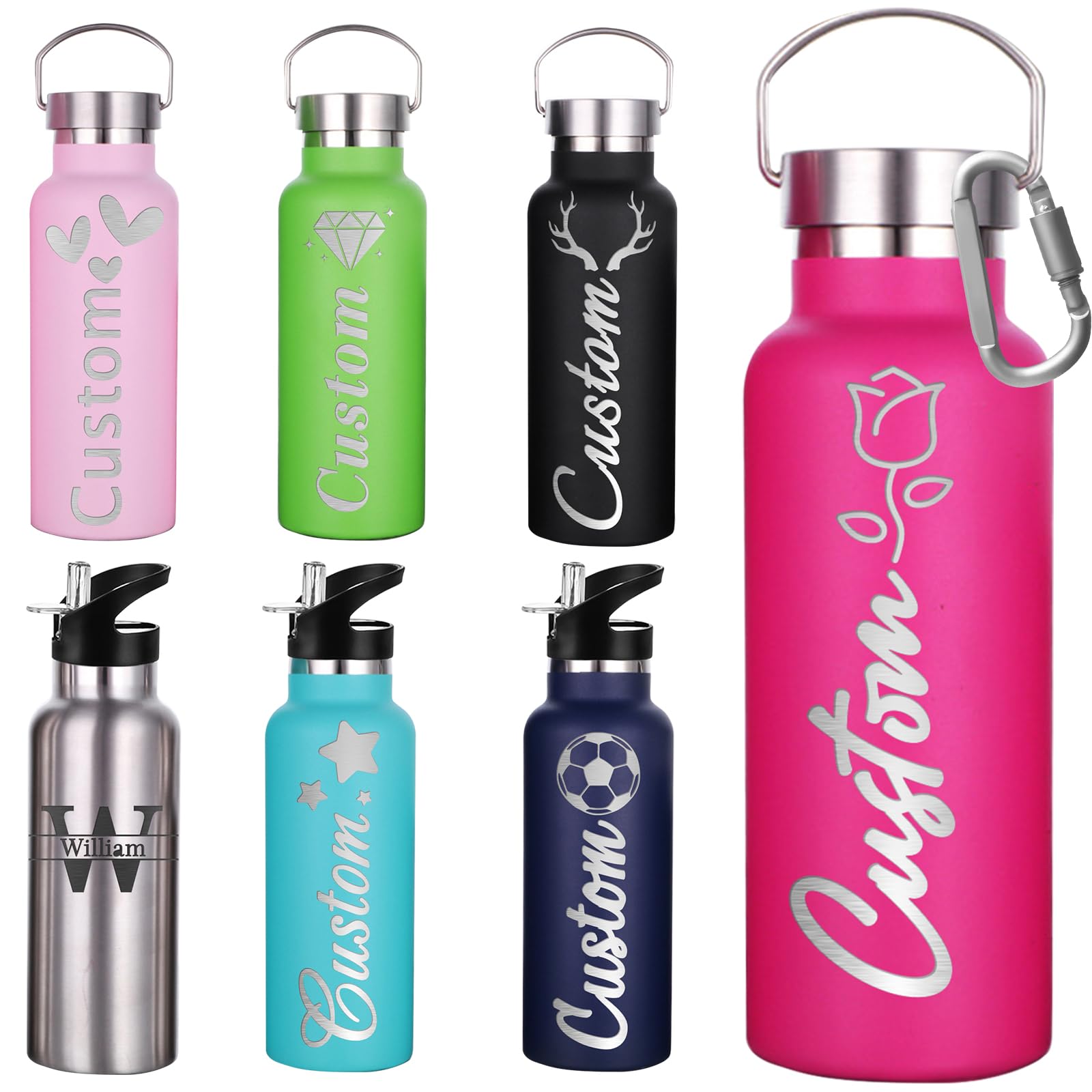 AolunPersonalised Water Bottles Custom Sports Water Bottles With Logo Name Engraved insulated water Flask with straw With Cover For Women Men (750ml/350ml)