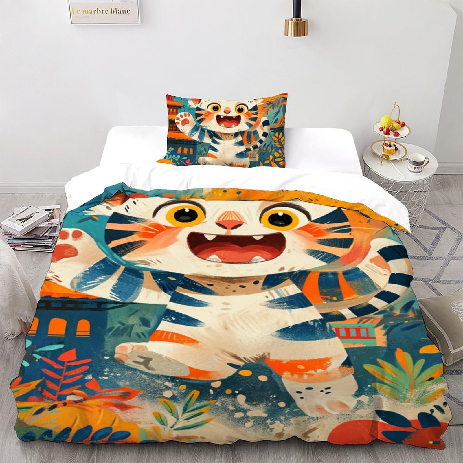 Housse de couette tigre idée cadeau literie 135x200cm pour anniversaire enfant