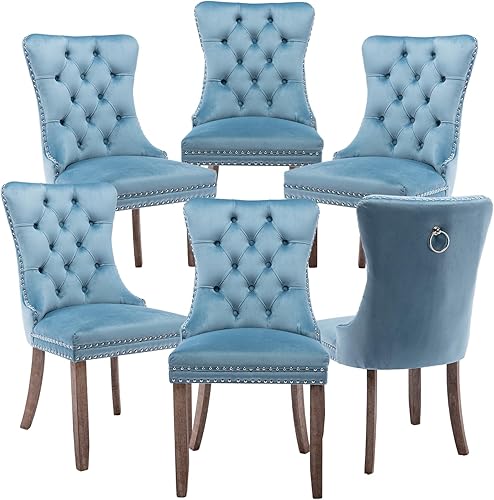 Miniatura 40 de Juego de 4 sillas de cocina modernas de terciopelo gris con anillo trasero, con patas de clavo, patas de madera maciza, tapizadas, sillas de mesa