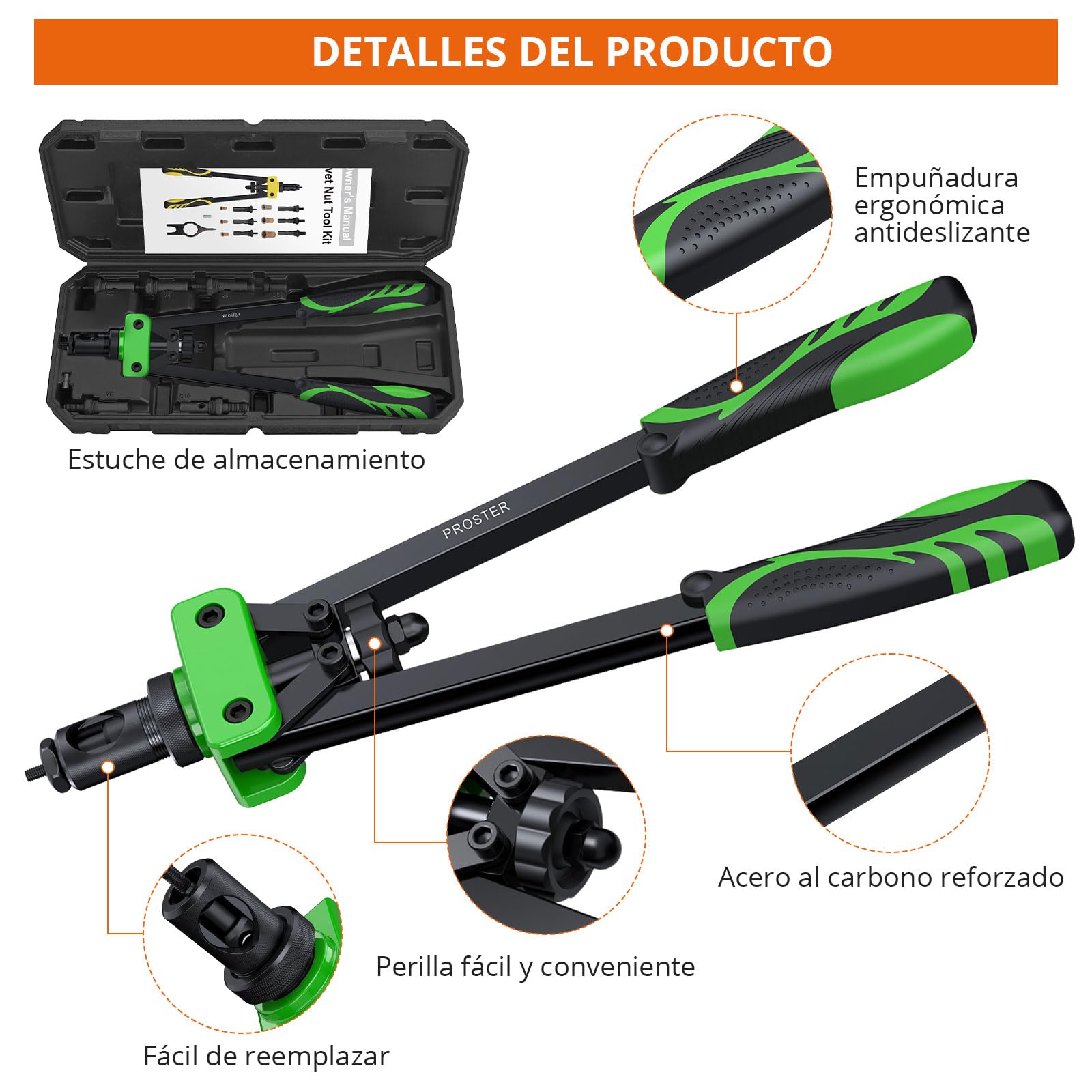 Proster Remachadora de Tuerca 14", Remachadora Manual con 150pcs Tuercas de Remache y 6 Mandriles Intercambiables M3 M4 M5 M6 M8 M10 Pistola Remachadora Profesional que Ahorra Mano de Obra con Caja