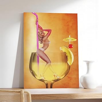 YFET Fashion Bikini Girl in Cocktail Glass, Retro Alcohol Poster Canvas Poster Bedroom Decor Sports Landscape Office Room Decor Gift Unframe 12x18inch