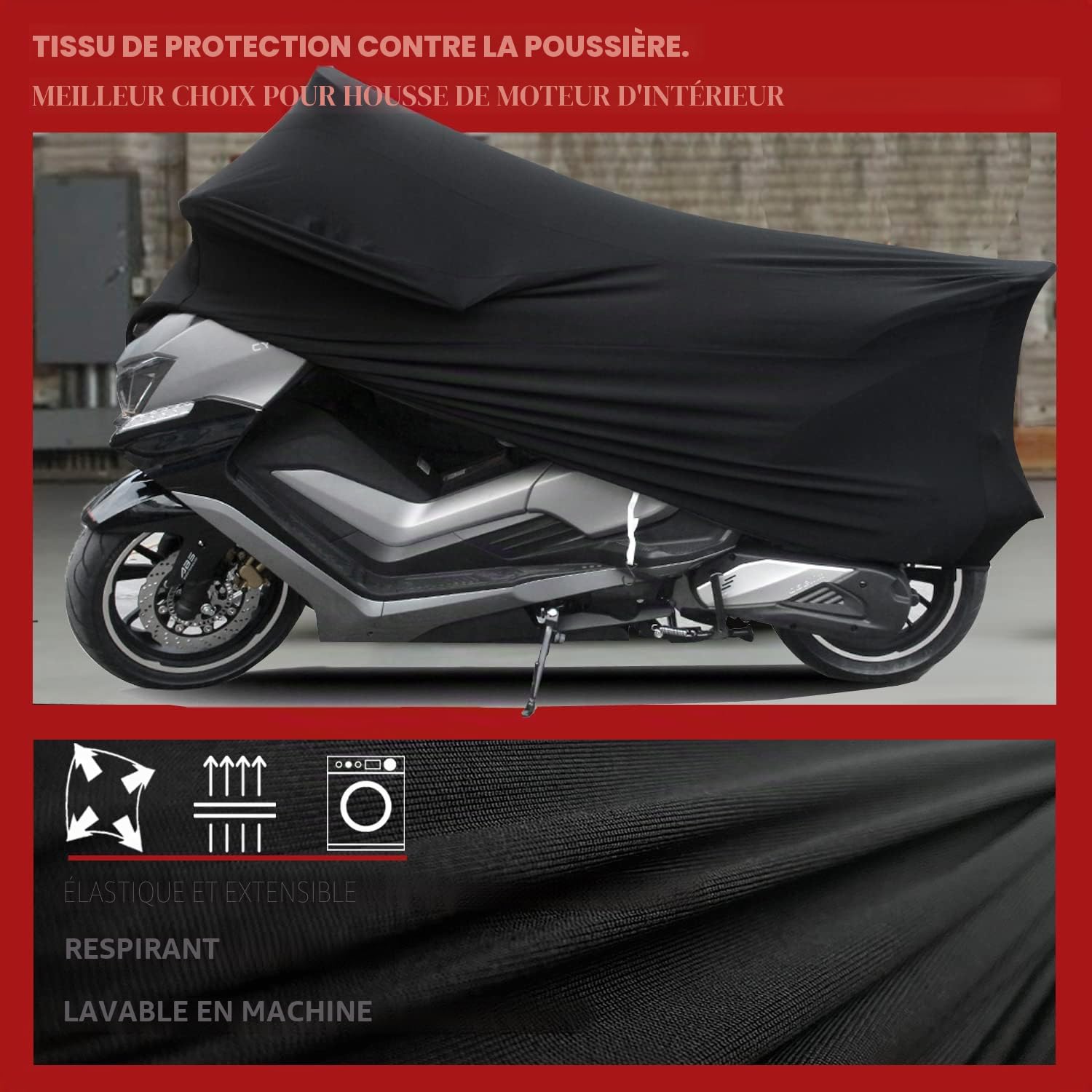 Housse Moto Intérieur Housse de Protection pour Moto Tissu Élastique Respirant Anti-poussière Housse pour Moto Scooter,XXL : Longueur (200 à 221 cm)