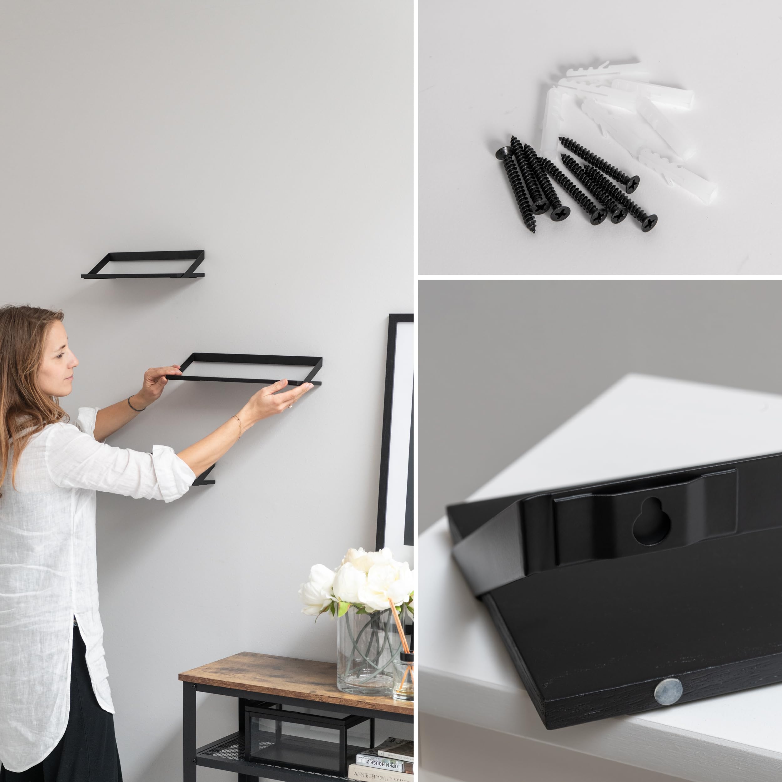 Kazai. Estantes de Pared -Finn- | Juego de Estantes Flotantes de 3 Partes de Metal y Chapa de Madera Real | Decoración de Pared, Almacenamiento y Estante para Salón, Cocina, Dormitorio | Roble, Negro