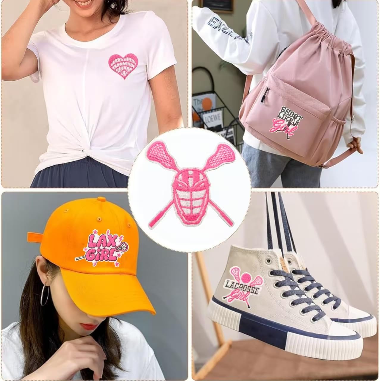Girls Lacrosse Iron On Patches, 13PCS Pink Assorted Lacrosse Embroidered Patches, Sew On/Iron On Applique Patches for Clothing, Jackets, Backpacks, Sports Team DIY Decoration