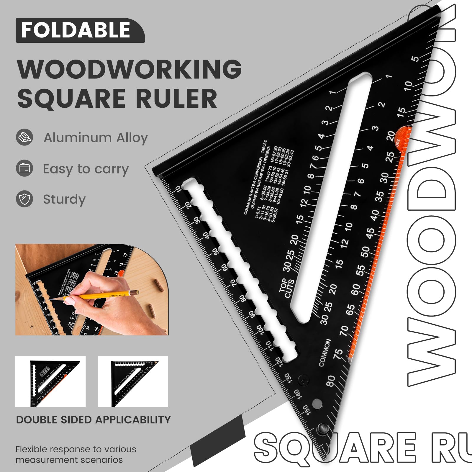 Woodworking Triangle Ruler, Aluminum Alloy Carpenter Square with 6 Inch Foldable Ruler Bar, Magnetic Carpenter Measuring Ruler, Adjustable Square Ruler for Woodworking Measuring