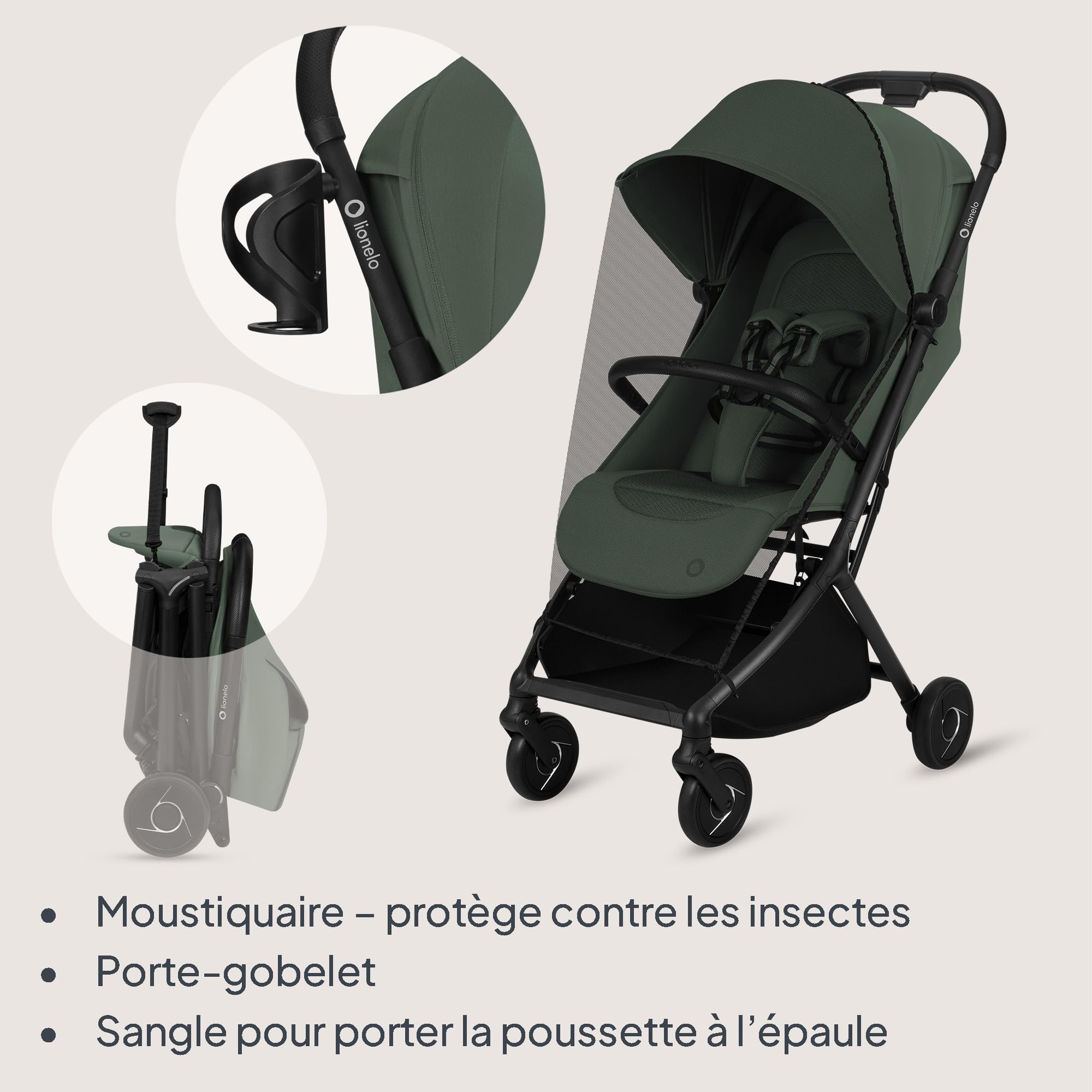 Lionelo Sia Poussette Compacte jusqu’à 22 kg Se Plie et Tient Debout, Léger 5,9 kg, Position Allongée Capote XXL UPF50+ Imperméable, Boucle Magnétique Grand Panier 3 kg (VERT ÉMERAUDE)
