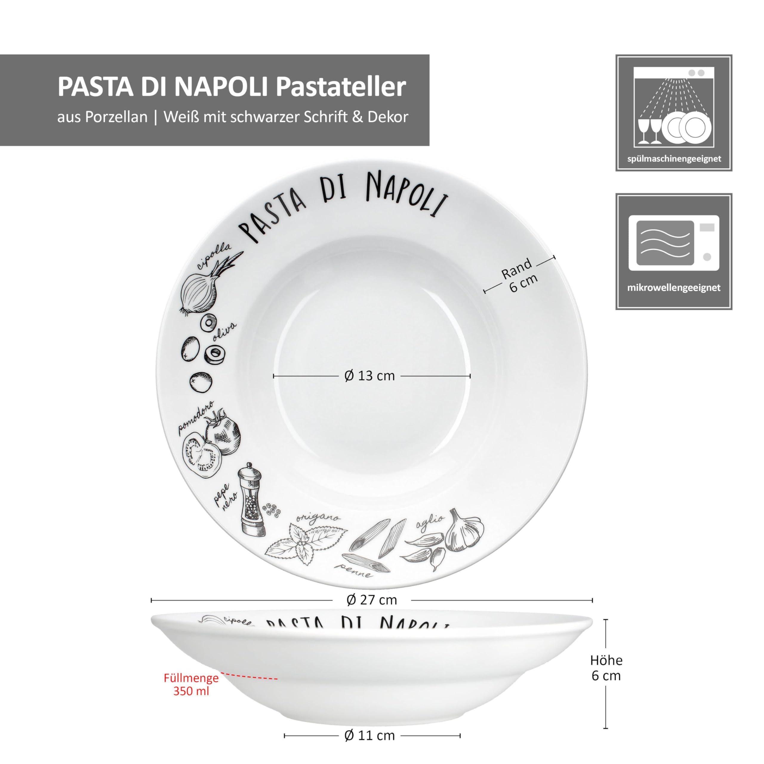 MamboCat Pasta di Napoli Lot de 2 assiettes creuses en porcelaine I Ø 27 cm 350 ml I Assiettes creuses en porcelaine noire et blanche avec décor I pour 2 personnes I Pâtes, salade, antipasti et soupes
