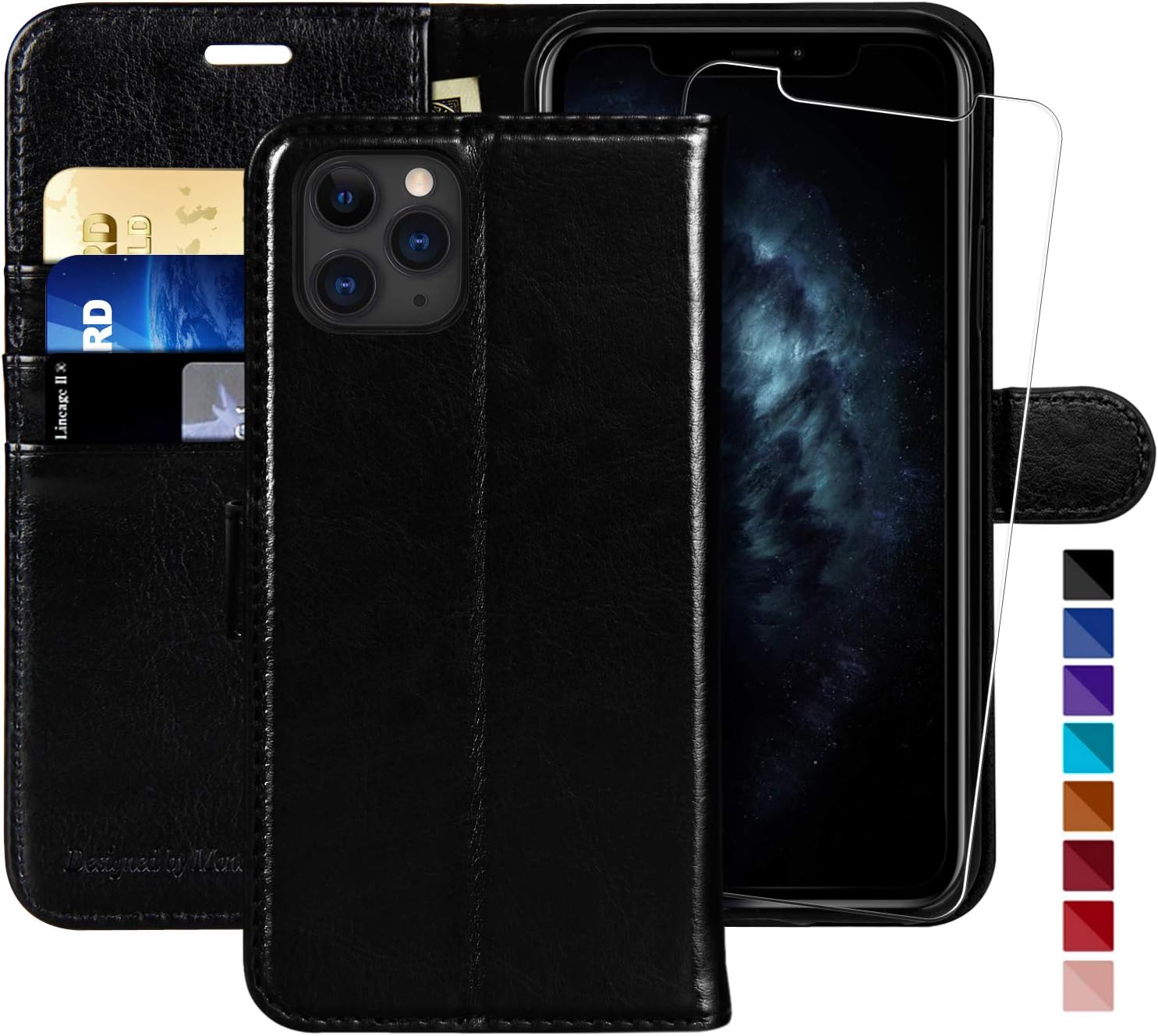 MONASAYiPhone 11 Pro MAX Wallet Case,6.5-inch, [Glass Screen Protector Included][RFID Blocking] Flip Folio Leather Cell Phone Cover with Credit Card Holder for iPhone 11 pro MAX,Black