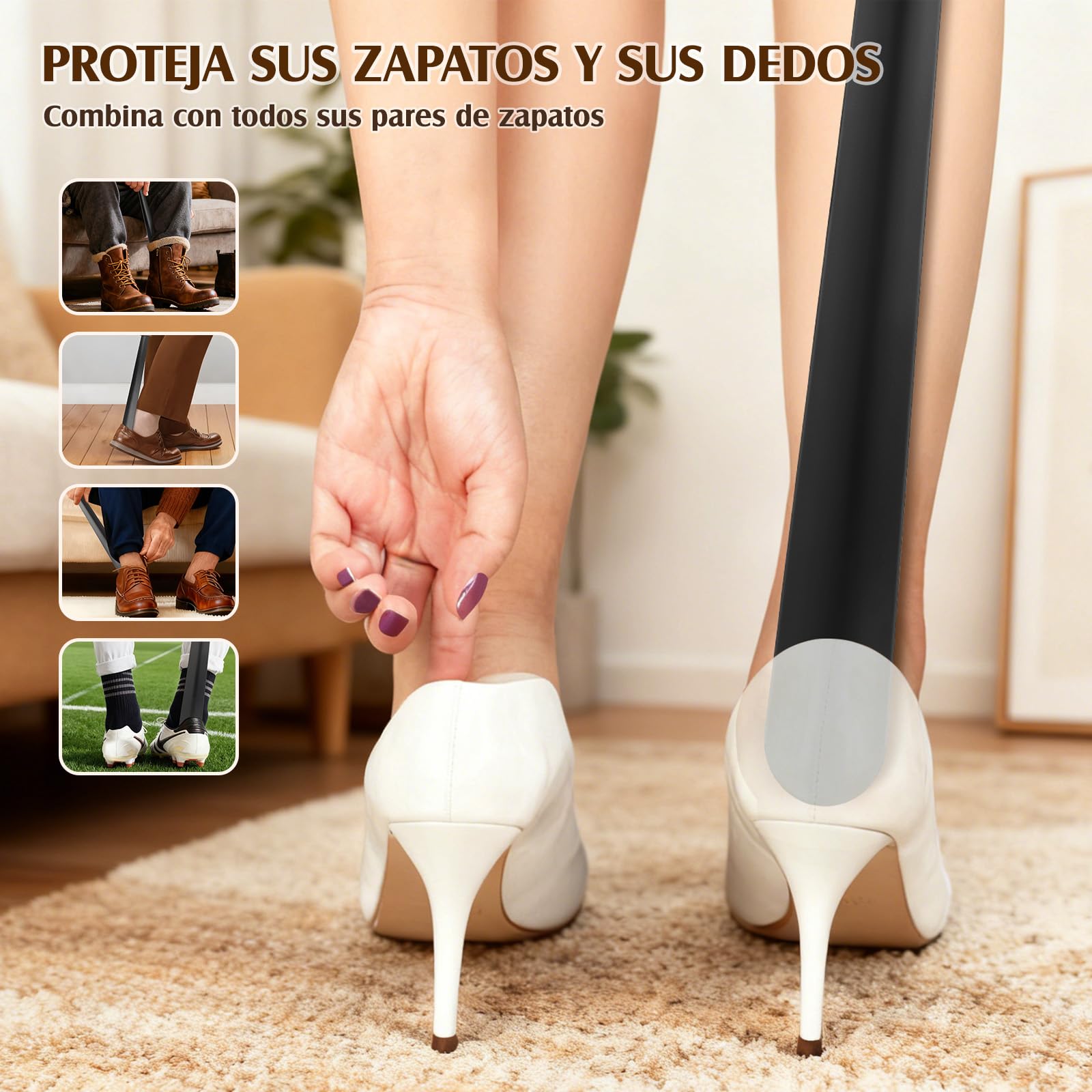 ZOMAKE Calzador de Acero Inoxidable Largo 42CM - Metalico Calzadores Largos Mango de Cuero Para Mujeres Embarazadas y Personas de La Tercera Edad(1 Pieza Negra A)
