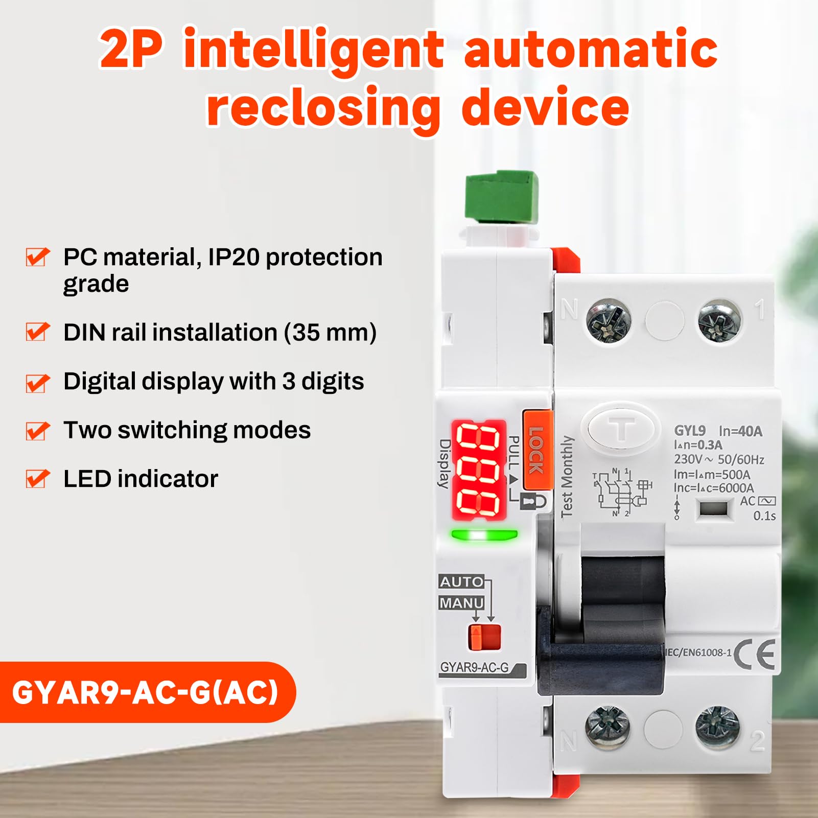 Jadeshay Magnetotermico Differenziale 40A 300mA,Interruttore Differenziale a Riarmo Automatico LED Display e Indicatore RCCB con Protezione contro le Perdite,Salvavita con Riarmo Automatico Tipo AC