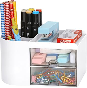 LETURE Desk Organizer Office Supplies Caddy with Pencil Holder and Drawer for Desktop Accessories, Business Card/Pen/Pencil/Mobile Phone/Stationery Holder Storage Box White