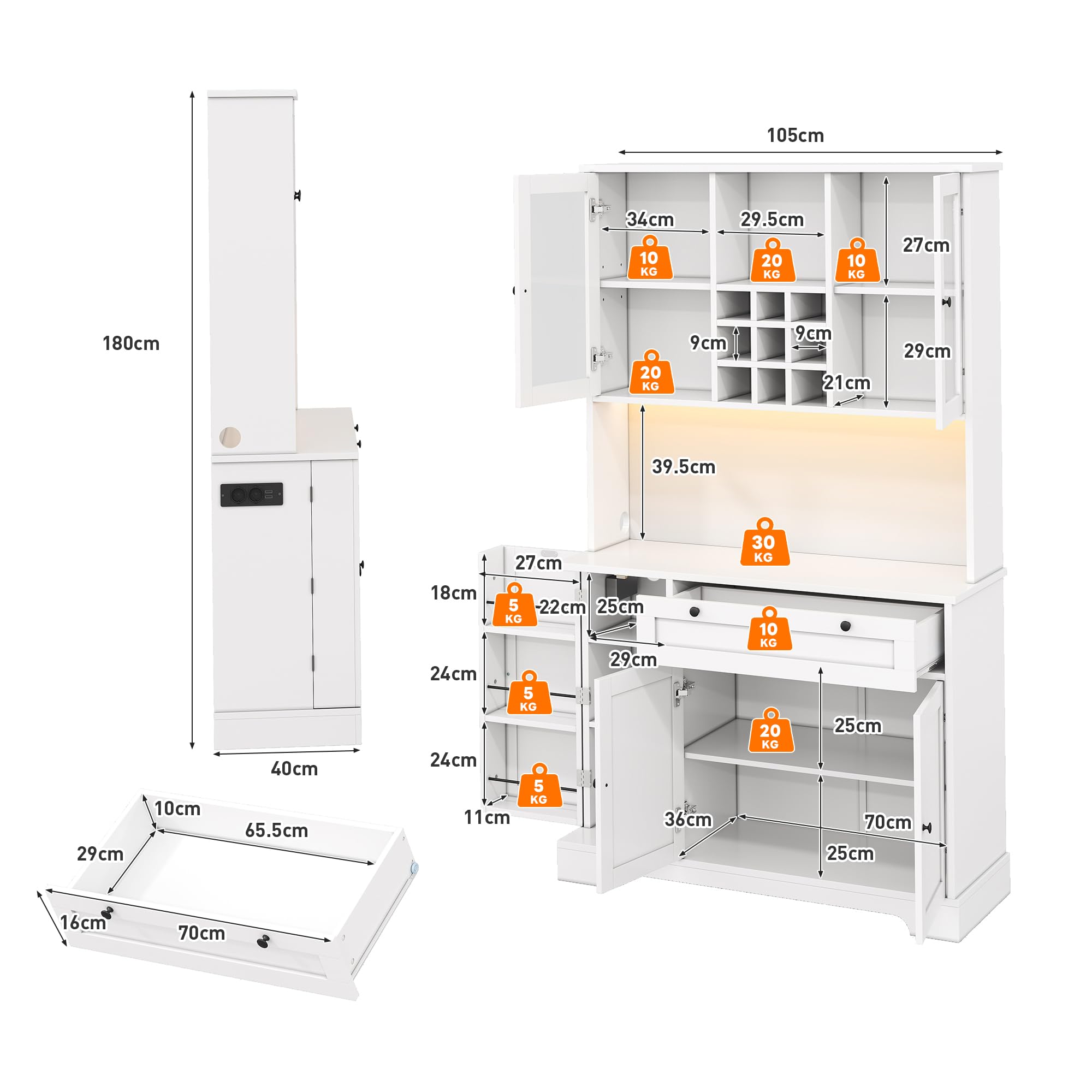 Merax Küchenschrank, Buffetschrank mit LED und Steckdosen, Küchenmöbel mit Schublade, Weinregal und Verstellbaren Ablagen, Sideboard, Küchenbuffet für Küche, Esszimmer, 105x40x180cm (Weiß)