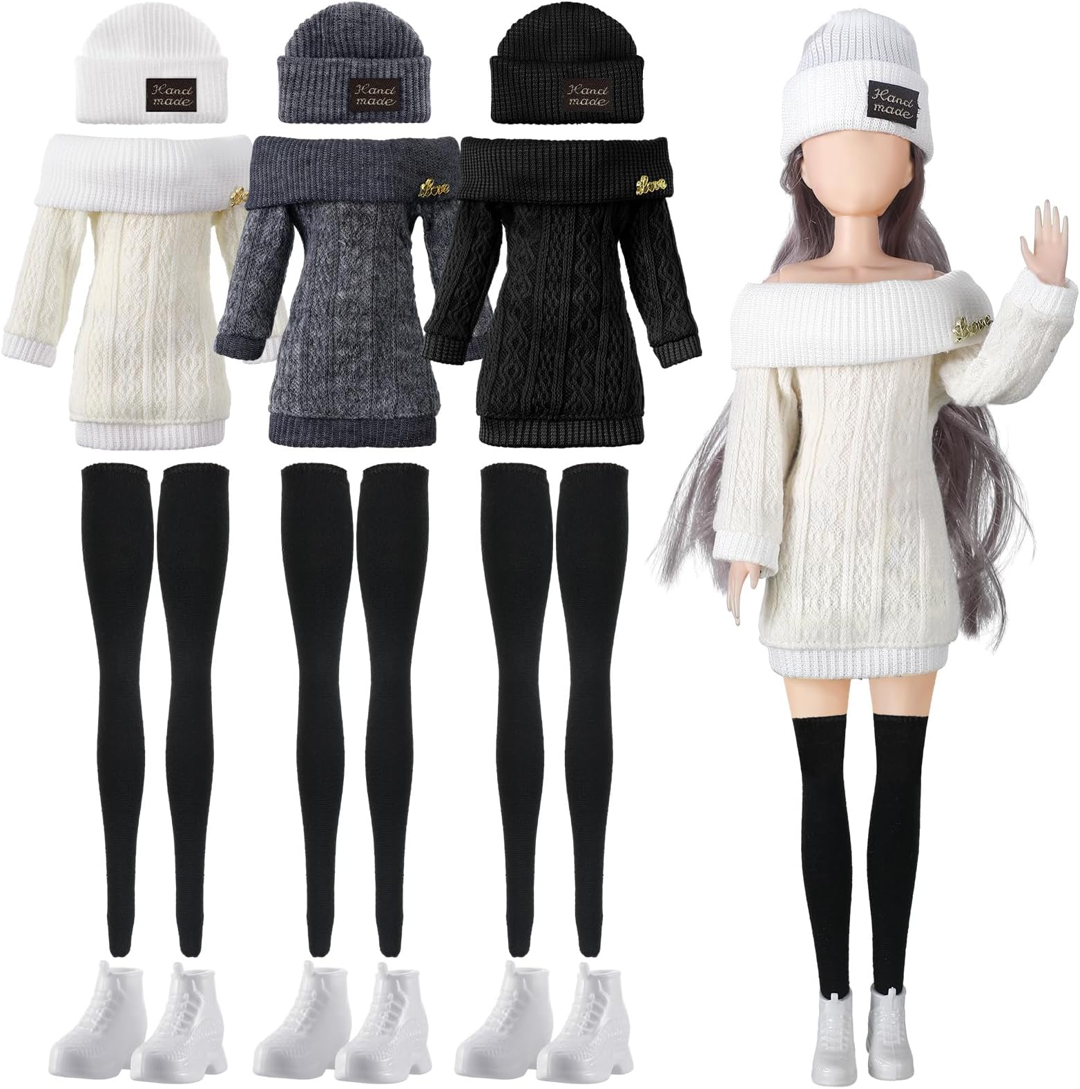 Geyoga 3 Set 12 Pcs Winter Christmas Doll Clothes and Accessories 12 Inch Doll Suit Doll Pants Shoes Sweater Outfits, Dolls are Not Included(White, Black, Gray)