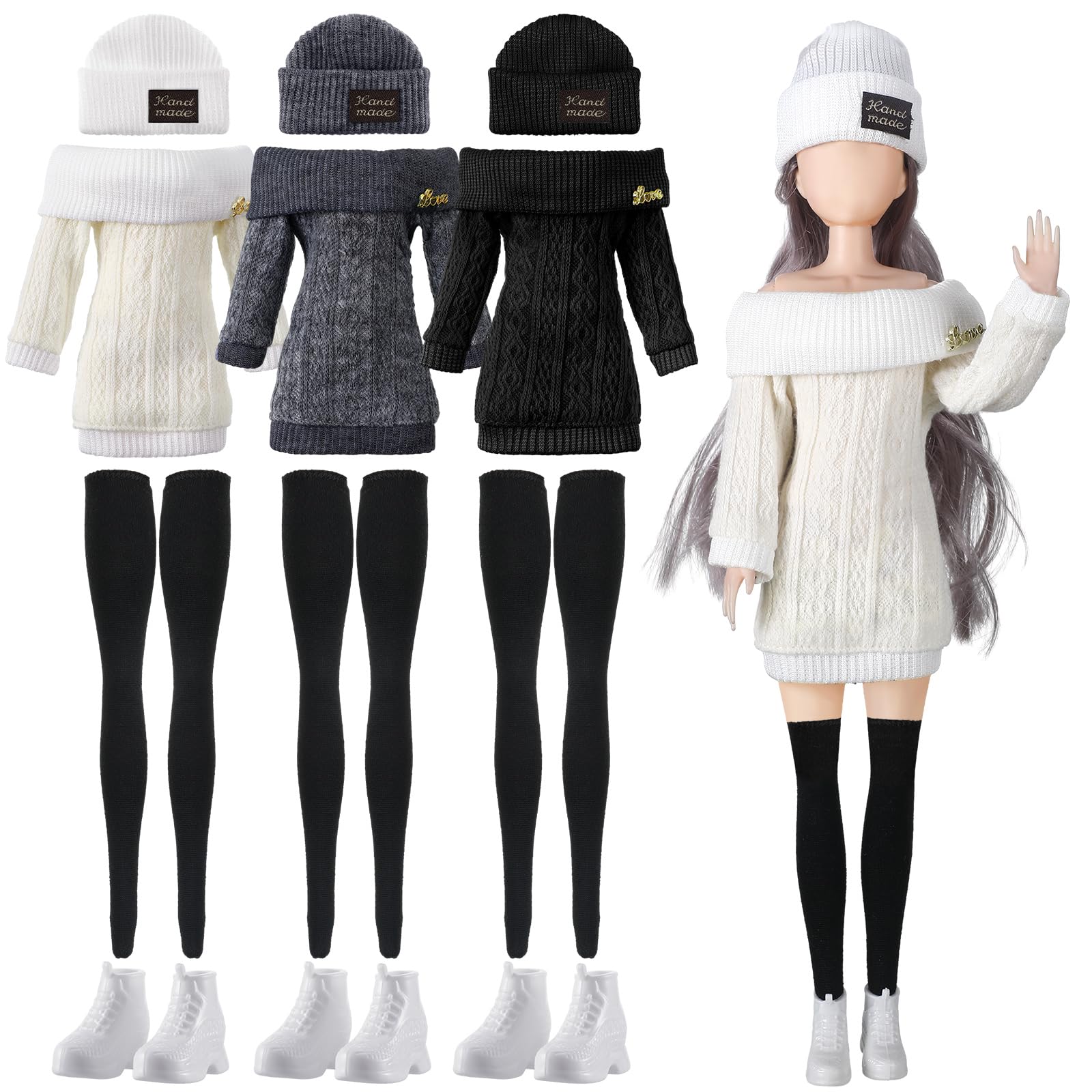 Geyoga3 Set 12 Pcs Winter Christmas Doll Clothes and Accessories 12 Inch Doll Suit Doll Pants Shoes Sweater Outfits, Dolls are Not Included(White, Black, Gray)