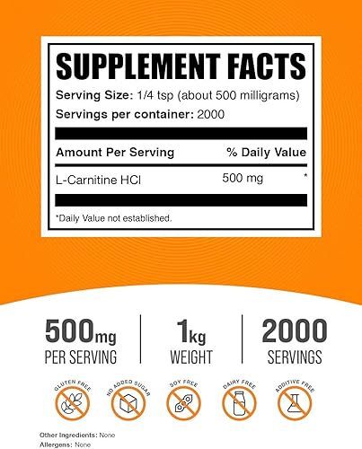Miniatura 2 de BulkSupplements com L-Carnitina HCl Polvo - Quemador de grasa para hombres - Quemadores de grasa para mujeres - Suplemento de carnitina L - L a