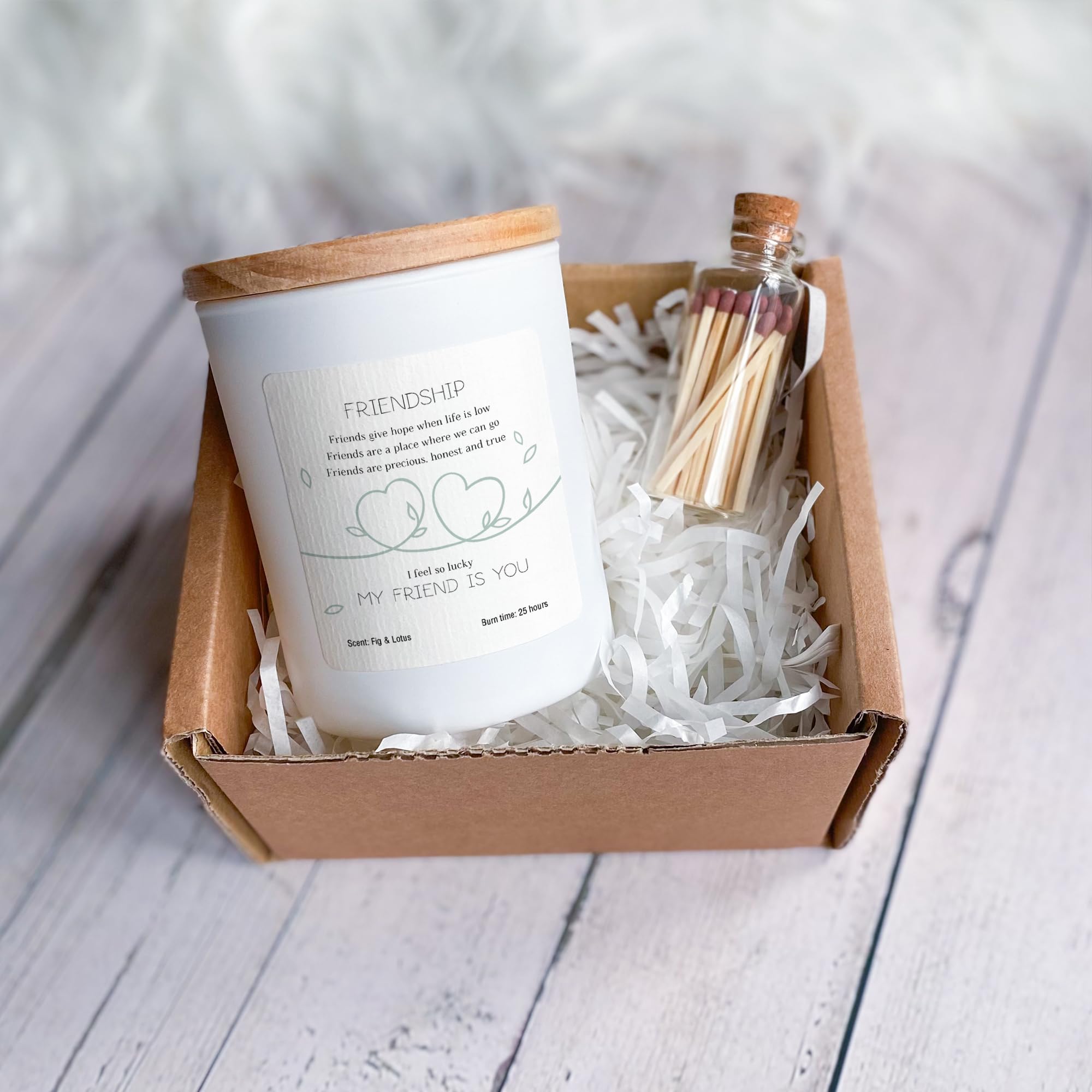 Pomchick - Friendship Cedarwood & Jasmine Scented Candle Gift Set, 25 Hour Burn Time, with Matches, Black Glass Jar with Wooden Lid, I Feel So Lucky My Friend Is You Best friend (White)