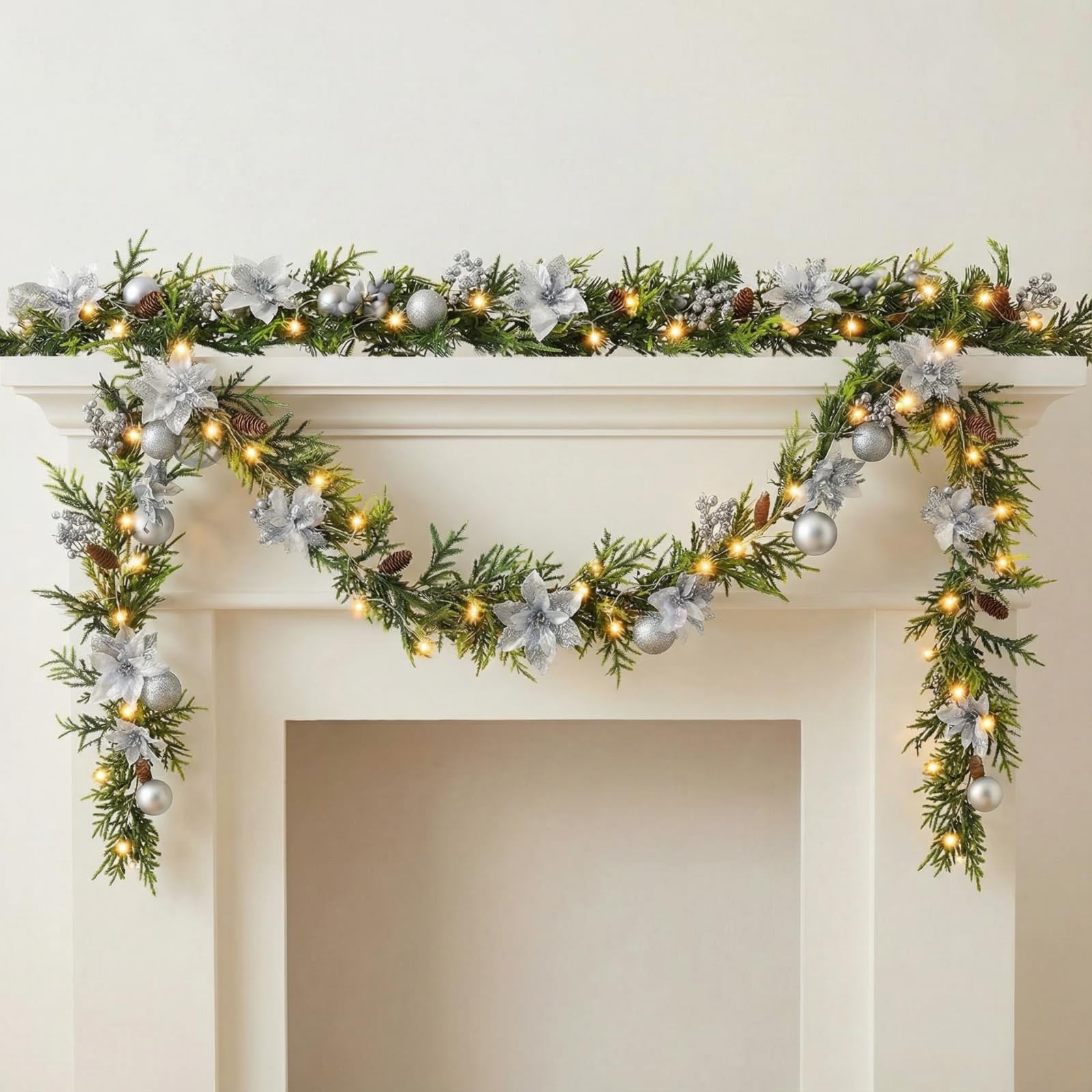 Guirlande de poinsettia de Noël lumineuse Crowye argentée 2m lot de 2