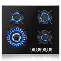 TopStrong Piano Cottura 4 Fuochi Gas, Piano Cottura Gas Vetro Incasso, Protezione Flame-Out, Gas Naturale, Propano, 8060W, Griglie in Ghisa, Nero, 220-240V