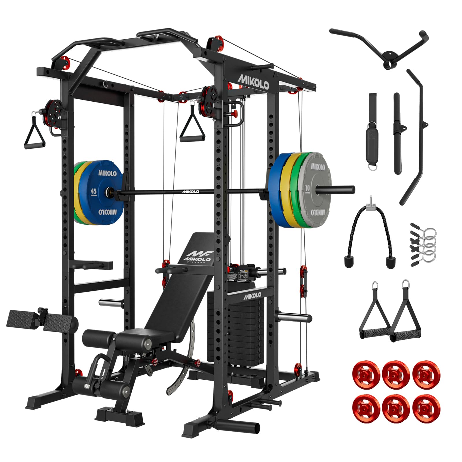 Mikolo K6 2.0 Power Cage, Power Rack with Cable Crossover System, 2000LBS Squat Rack with LAT Pull Down System, Functional Trainer with Aluminum Pulley System for Home Gym