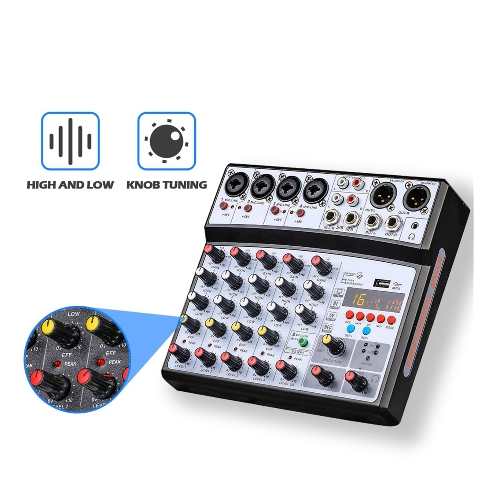 Mikser audio, Bezprzewodowy 6-kanałowy Mikser Audio Przenośna Konsola Miksująca Interfejs USB Karta Dźwiękowa Z 16 DSP Echo 48V Zasilanie Phantom Do studia karaoke(06D-White)
