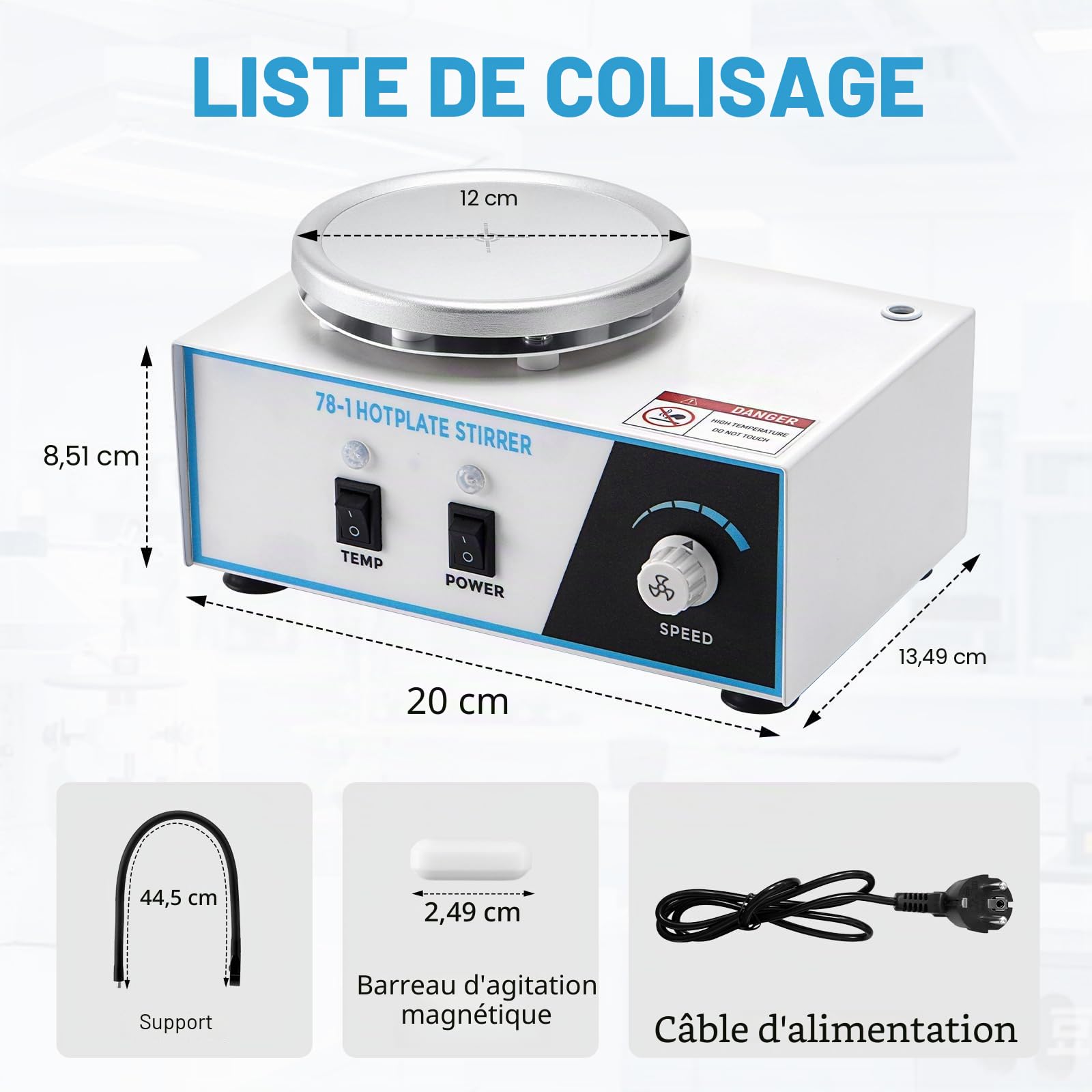 Agitateur magnétique 2 l avec plaque chauffante, 100-2600 tr/min 280 °C 120 mm avec capteur PT1000, support flexible, mélangeur magnétique