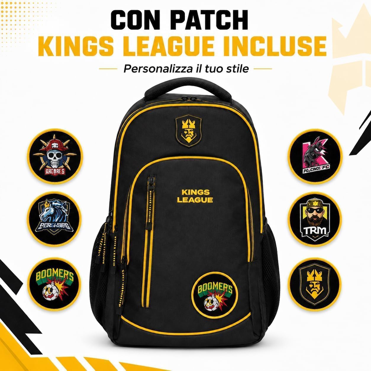 PRESTIGE & DELUXE Zaino Tondo 3 scomparti - King League Patch Intercambiabile - per la scuola primari Bambini + Astuccio FC TRM ovale 22 x 8 x 5 cm + diario + Kit penne e portachiave calcio