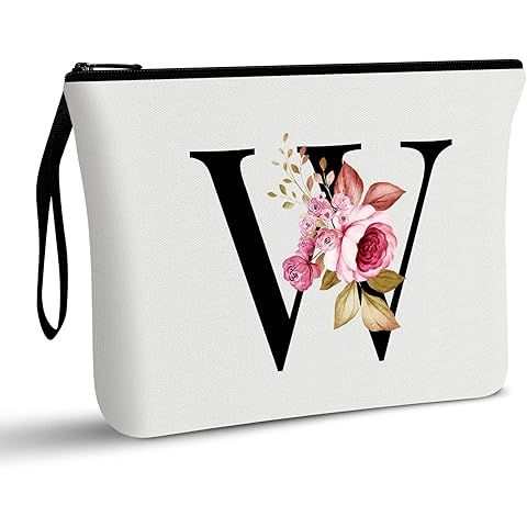 Vavabox A-Z Personalized Makeup Bag, Birthday Gifts for Women Mom, Gifts for Best Friend, Bride Bridesmaid Cosmetic bag (W, White)