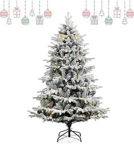 GOFLAME Árbol de Navidad flocado de nieve de 6 pies árbol de Navidad preiluminado con 260 luces LED y 1415 puntas de polietileno y PVC árbol