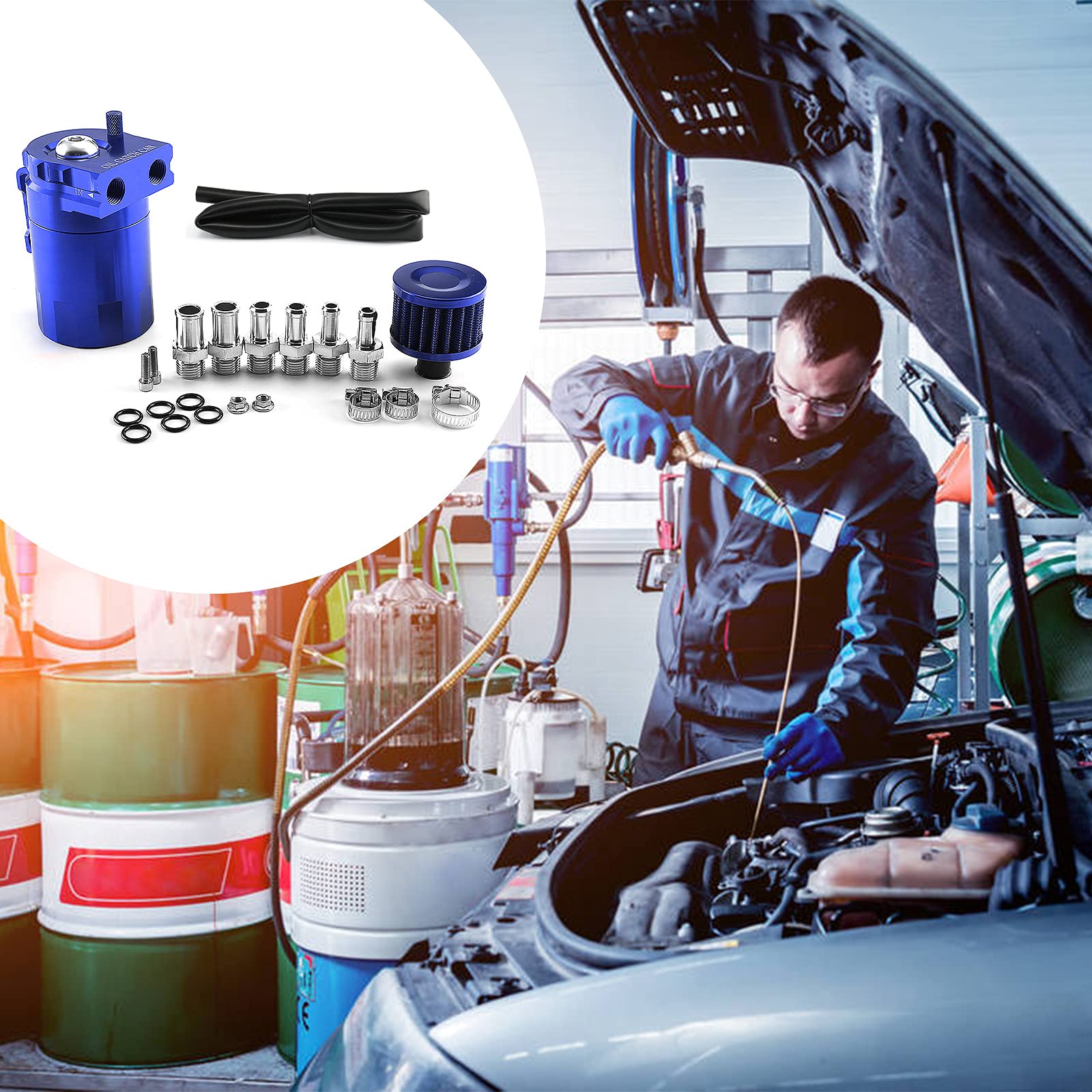 Kit Universale Serbatoio del Serbatoio per Auto, Séparateur Universel D'huile D'air de Réservoir de Voiture de Réservoir D'huile en Aluminium avec Filtre à Air, Tuyau et Autres Accessoires (Bleu)