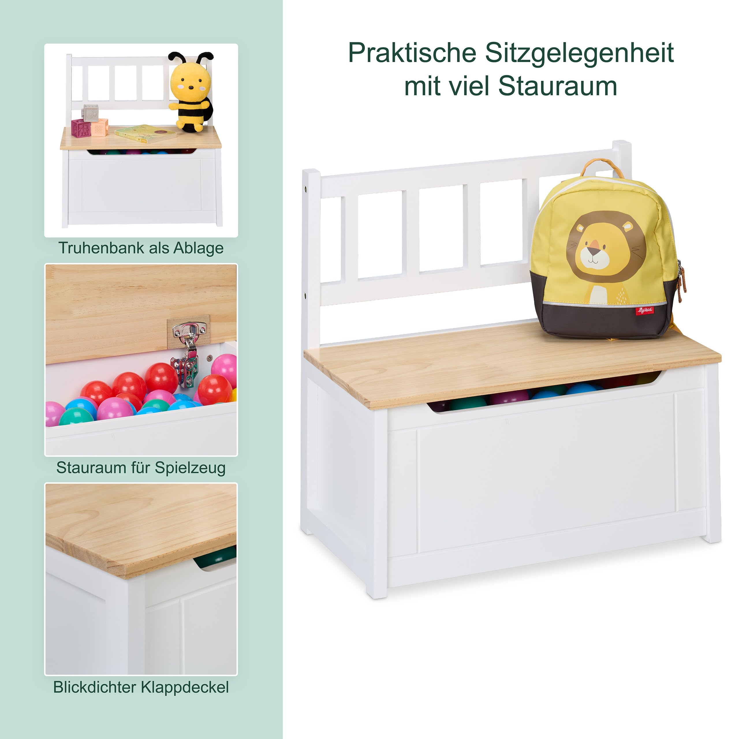 Relaxdays Kinderbank mit Stauraum, Klappdeckel, Rückenlehne, HxBxT: 55 x 57 x 31 cm, Kinder, Spielzeugkiste, weiß/Natur