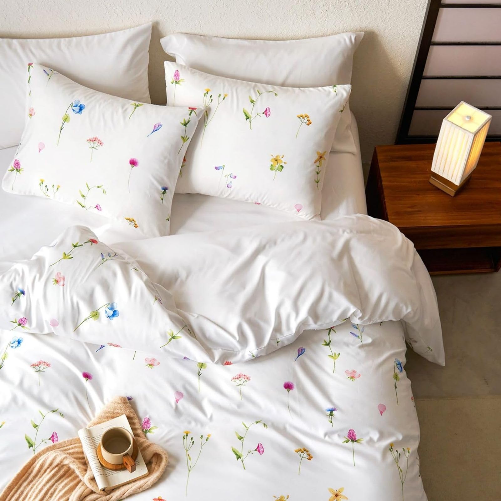 Freyamy - Duvet Cover 220 x 240 cm + 2 Pillowcases 65 x 65 cm White Floral Bedding Set for 2 Adults Flowers Microfibre Duvet Cover Set with Zip