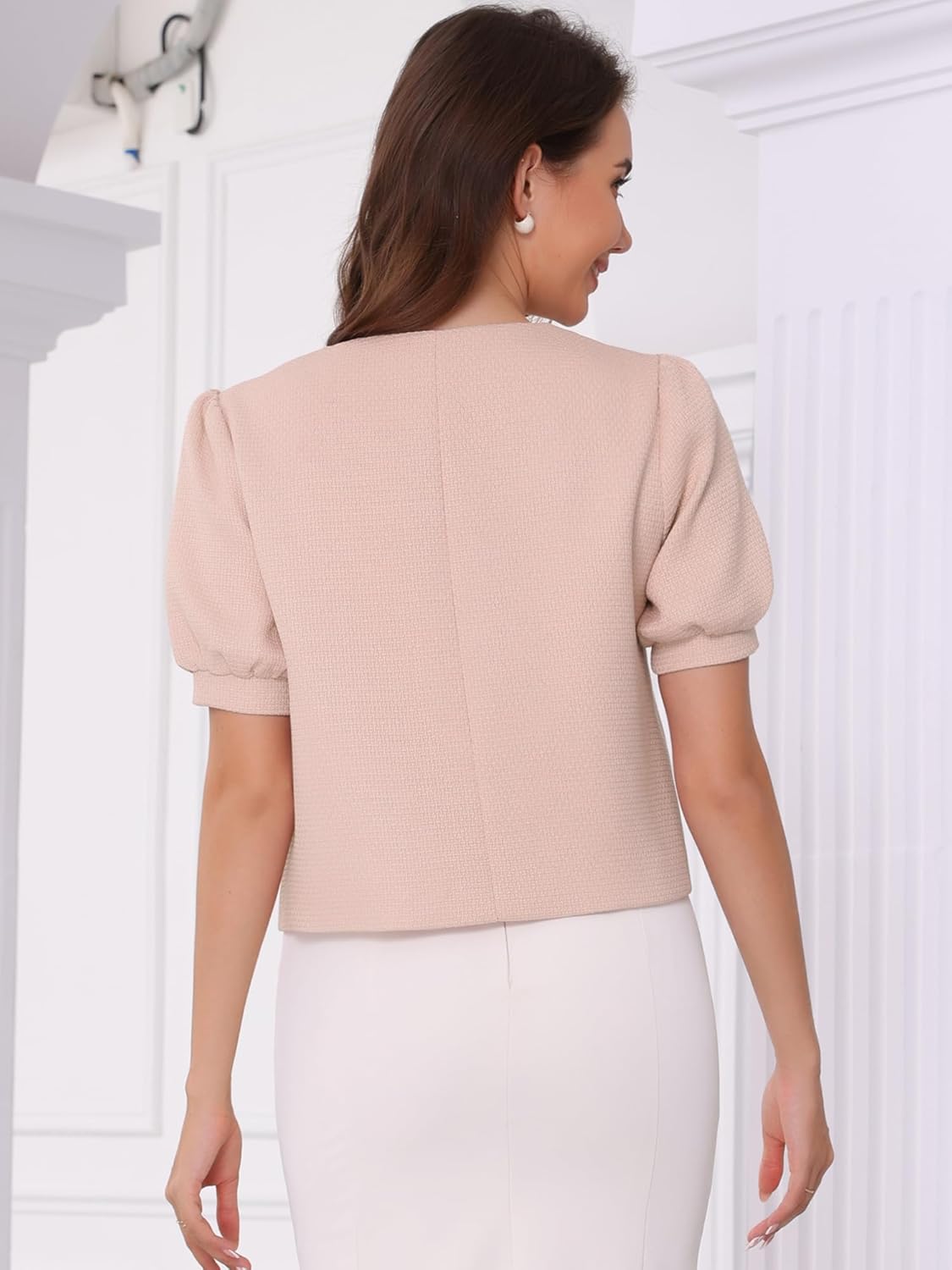 Allegra K Cropped Tweed Jacket for Women's Summer Puff Short Sleeve Crew Neck Office Work Blazer - Image 4