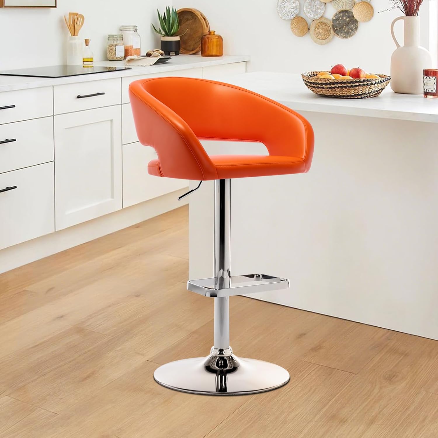 Adjustable Swivel Bar Stool with Arms, Hollow Back & Footrest, Modern PU Leather Counter Height Stools, Gas Lift Bar Chair for Kitchen Island, Home Bar, Dining Room (Pearl White, Chrome Base)