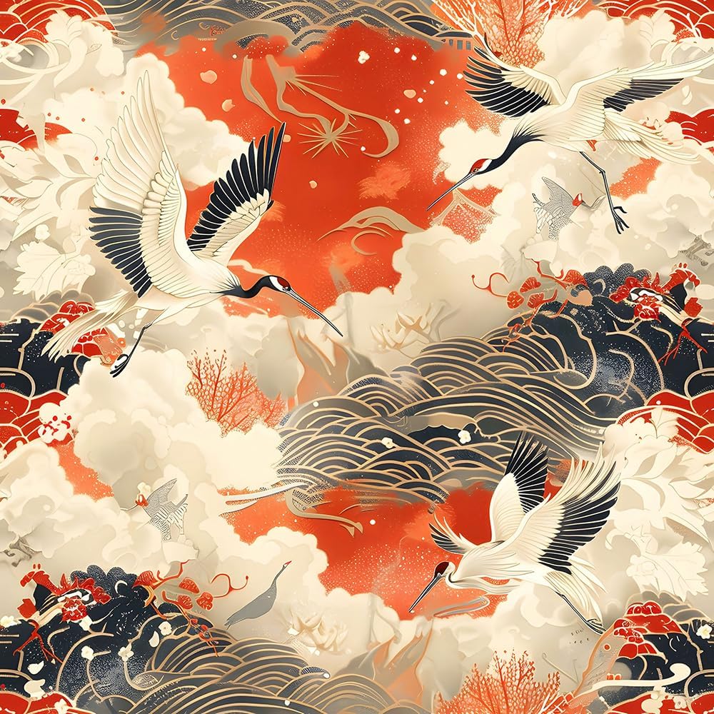 REDAMANCY Chinese Lucky Retro Orange Classical Crane Peel and Stick Wallpaper Vintage Wall Paper Stick on Contact Paper Easy Peel Off for nightstand Drawer Renter Friendly 17.7"x236"
