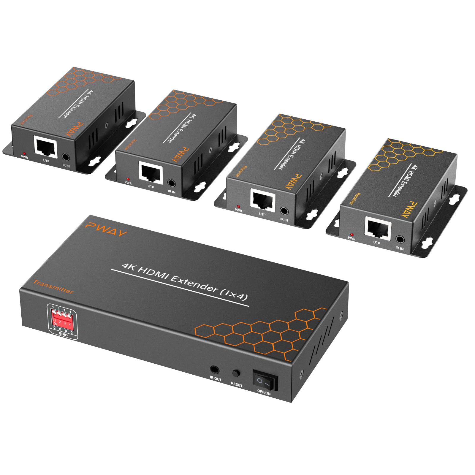PWAY 4K HDMI Extensor Divisor Splitter 1x4 sobre Cat5e/6/7, 131ft PoC IR Loop out