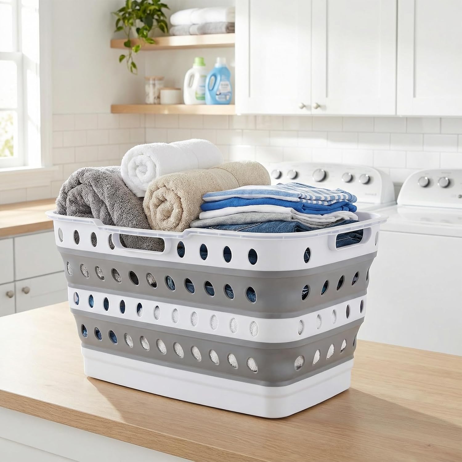74L Collapsible Laundry Baskets, Plastic Laundry Hamper with Handles, Foldable Laundry Bin, Pop Up Storage Container for Laundry Room Organization, Ideal for Clothes, Towels, Blanket (Grey)