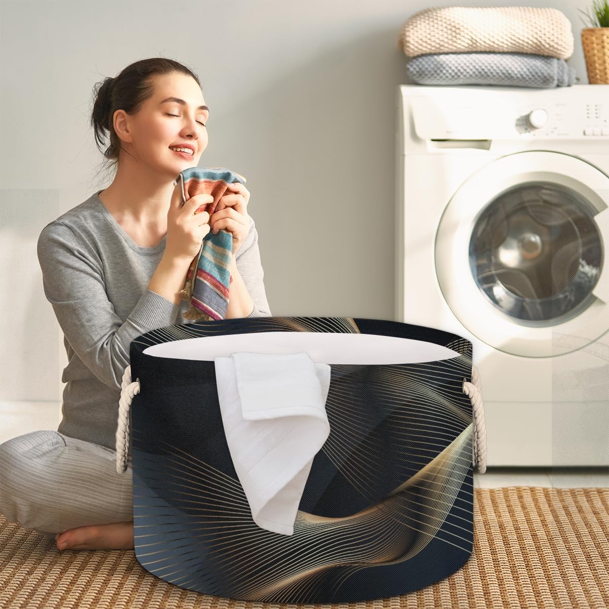 Pardick Large Round Storage Basket Black Stripes Collapsible Circle Storage Bin Basket Laundry Hamper With Handle for Kids Boy Girls Toy Bedroom Living Room Nursery Room Decor Storage Organizer