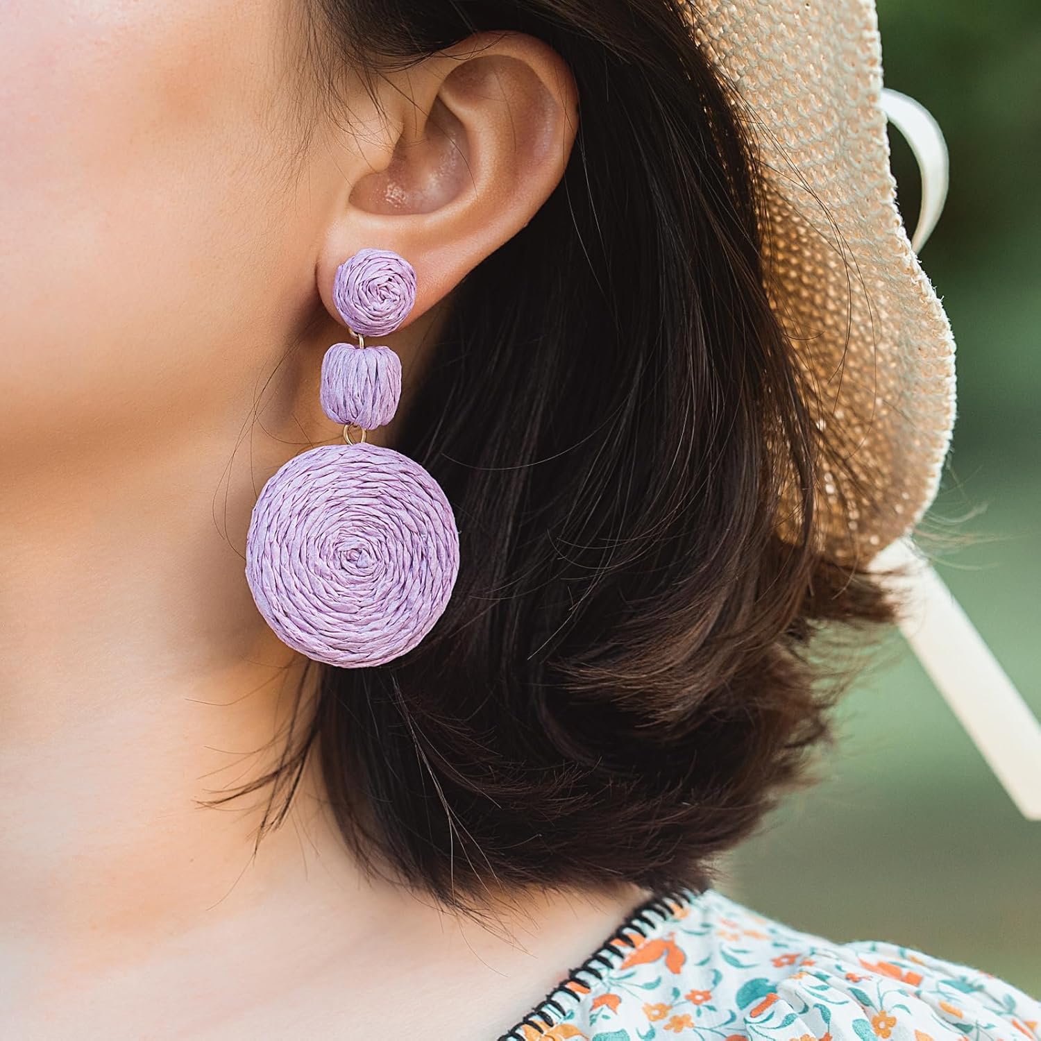 Statement Raffia Boho Round Dangle Ball Earrings - Cute Handmade Summer Bohemian Dangling Jewelry for Women - Image 4