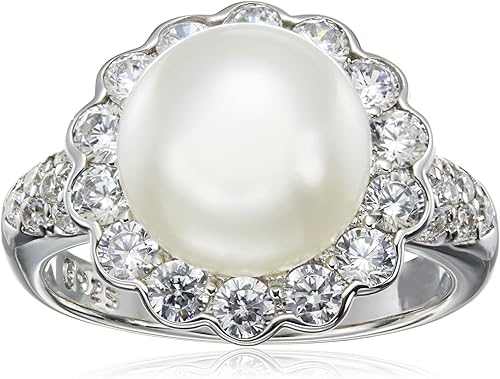 Tienda Collection Platinum Plated Sterling Silver Infinite Elements Cubic Zirconia Freshwater Cultured Flower Pearl Ring