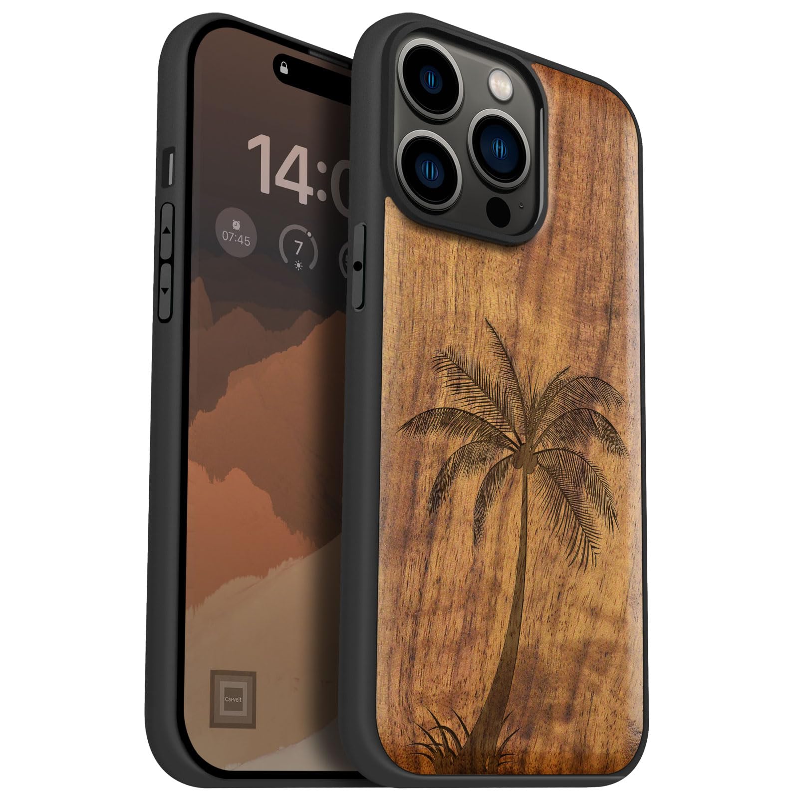 Carveit Magnetic Wood Case for iPhone 14 Pro Max [Natural Wood & Black Soft TPU] Shockproof Protective Cover Unique Wooden Case Compatible with