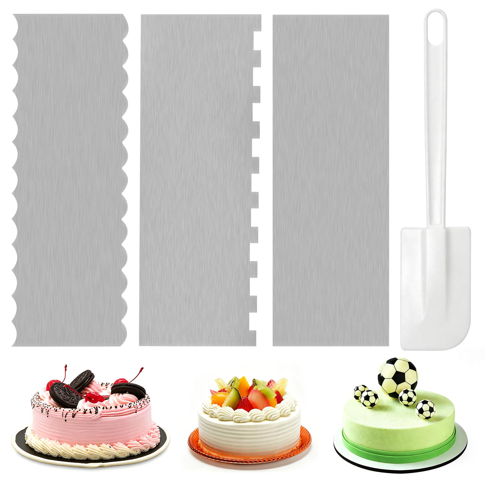 3 Pcs Cake Scraper, Metal Cake Scraper Stainless Steel Cake Decorating Tools, 8.6 Inch Double Sided Cake Smoother with ridges and Cake Spatula, for Wedding Birthday Home Party Cream Baking Decorating