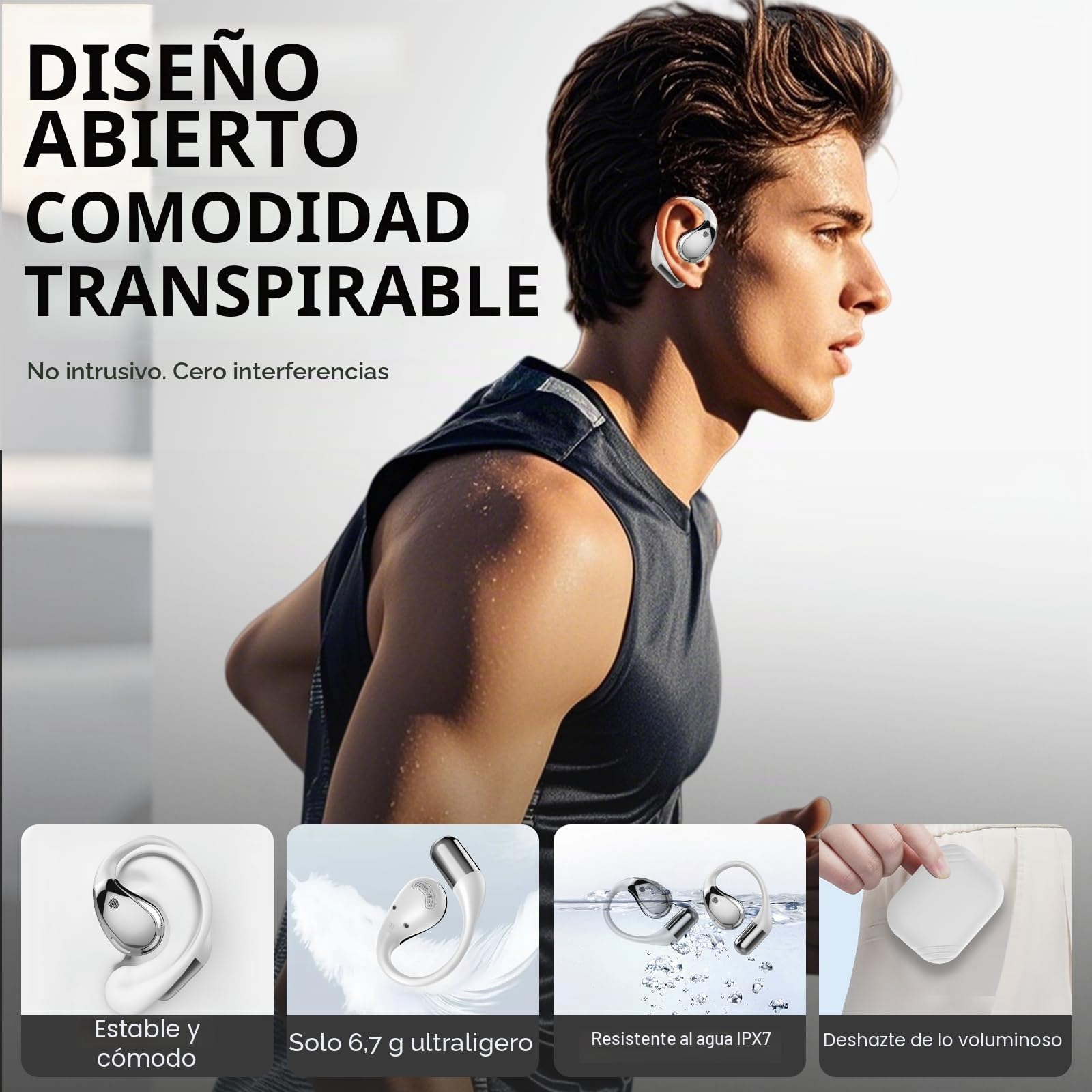 Auriculares inalambricos Deportivos, Bluetooth V6.0 lnalámbricos Cascos Hi-Fi Estéreo, 40H Llamada ENC HD Auriculares, Pantalla LED, IP7 Impermeable Auriculare Oreja Abierta para Sport/Running Blanco