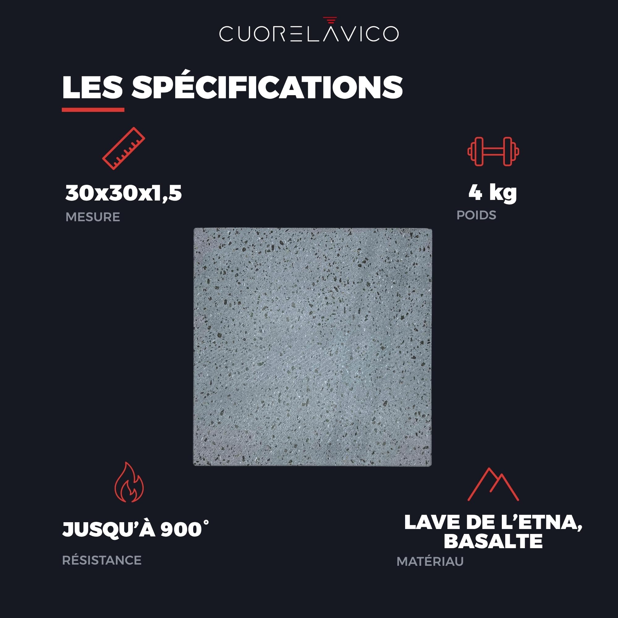 Plaque réfractaire en pierre de lave ethnée 30 x 30 x 1,5 cm – légère, résistante, utilisable au four, au gaz ou au barbecue – Idéal pour pizza et pain