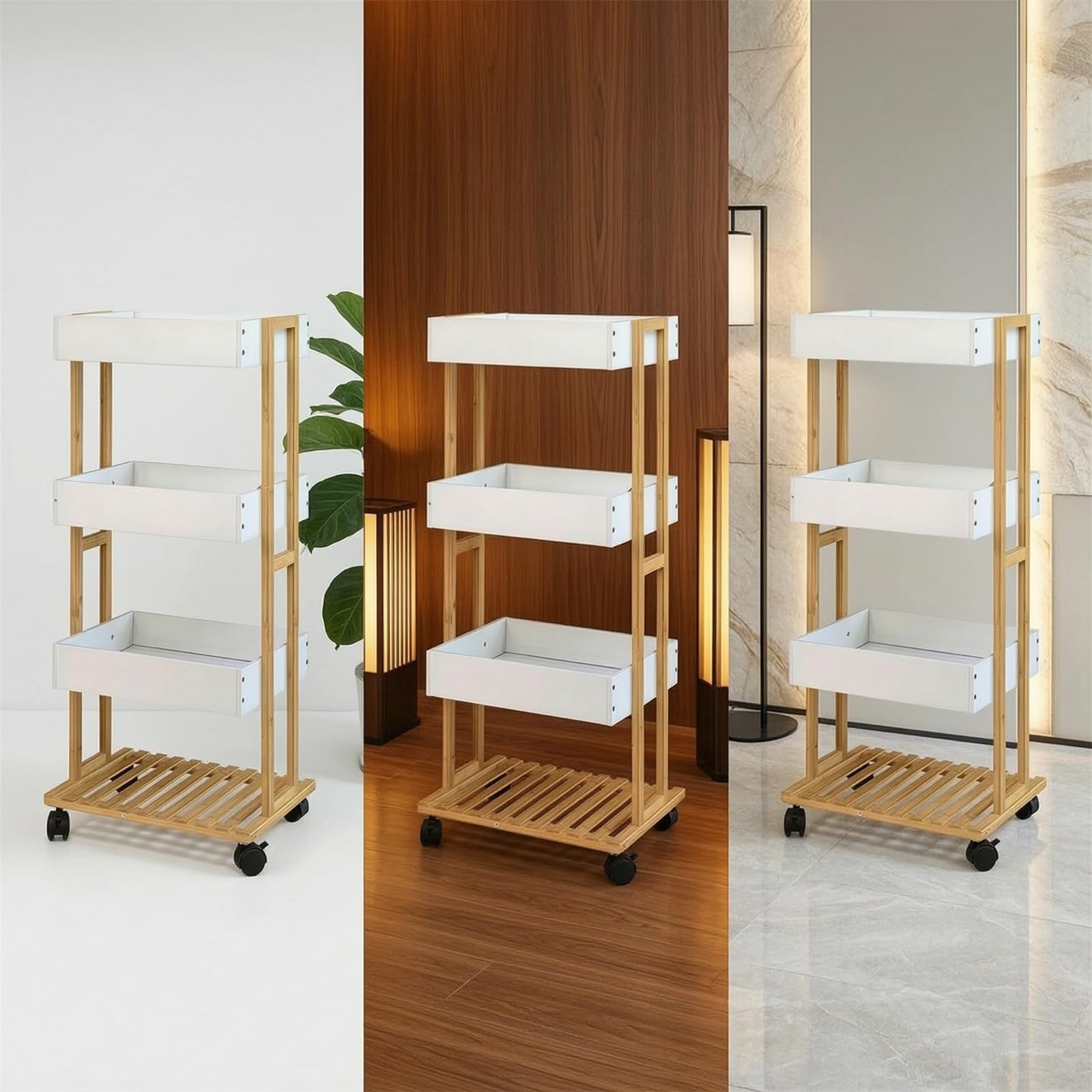 Amagogo Carrello Portasciugamani in Bambù con Ruote Carrello Multiuso Scaffale Verticale Carrello da Servizio Vassoi Rettangolari in Plastica E Ripiano