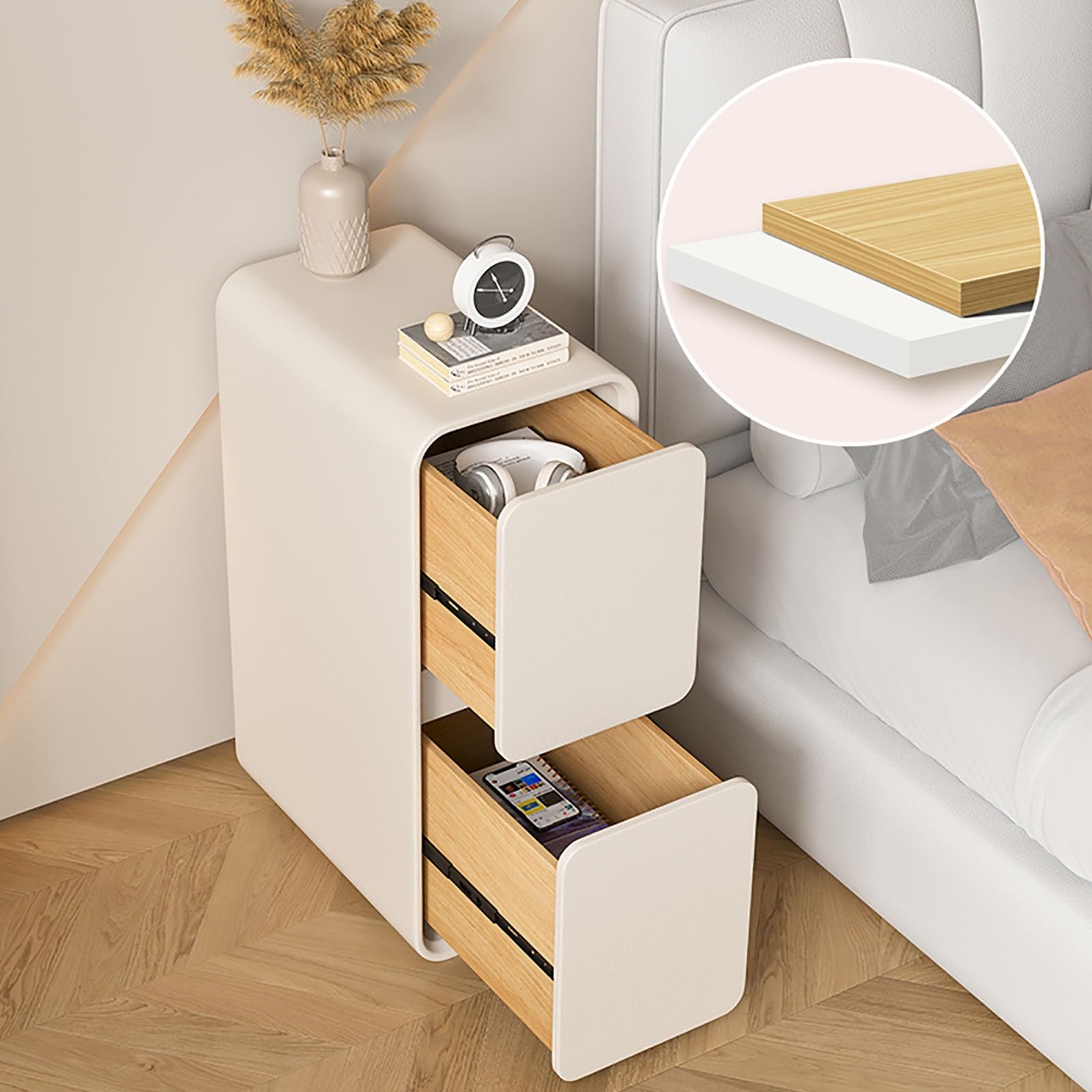 Nachttisch mit Massivholzschublade, extra schmaler Clip-In-Nachttisch, Beistelltisch mit 2 Schubladen for Schlafzimmer, Wohnzimmer, Wohnheim (Color : Khaki, Size : 25x40x50CM)