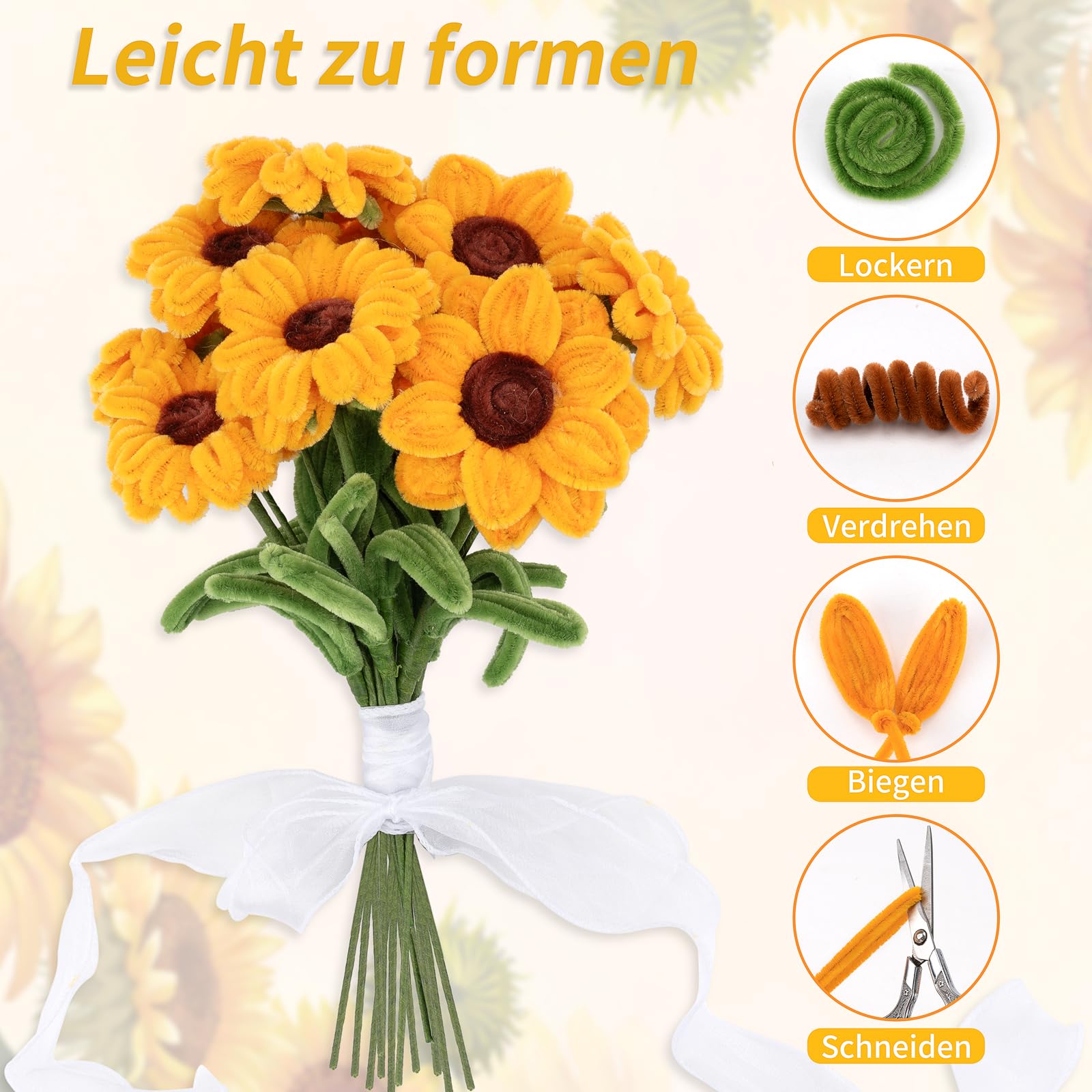 set di 300 fili di ciniglia per lavori manuali a forma di girasole - Con 20 steli, nastro e nastro adesivo - Per mazzi di fiori fai da te e progetti artigianali. Regali per le donne per la